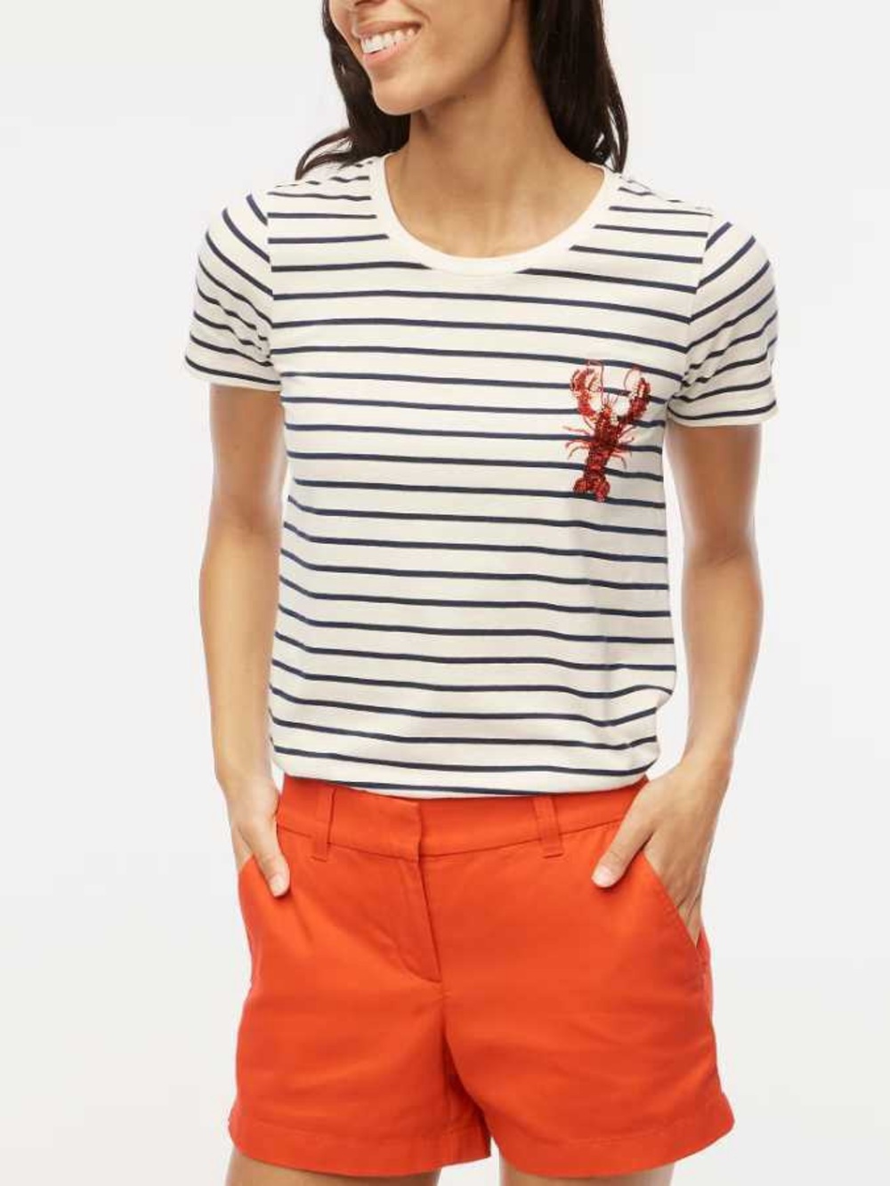 J. Crew White Navy Striped Tee with Red Sequin Embroidered Beaded Lobster - Picture 2 of 7